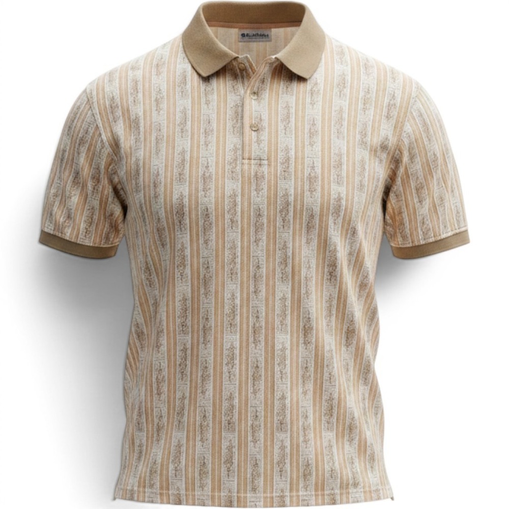 90s Columbia Polo Shirt Mens Large Fish Stripe Tan Brown Cotton Gorpcore Outdoor
